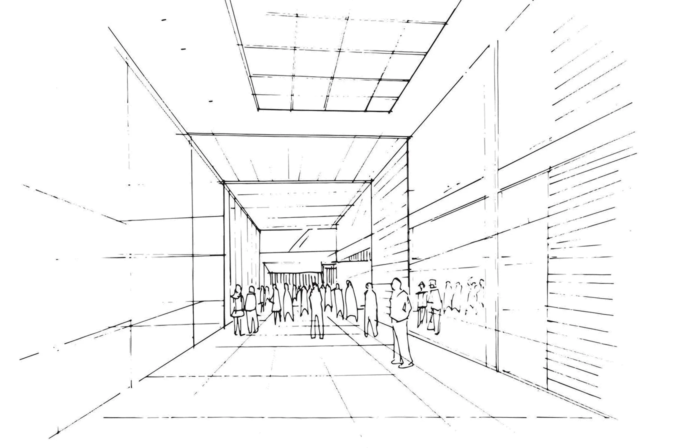 Croquis a mano de un espacio comercial en perspectiva